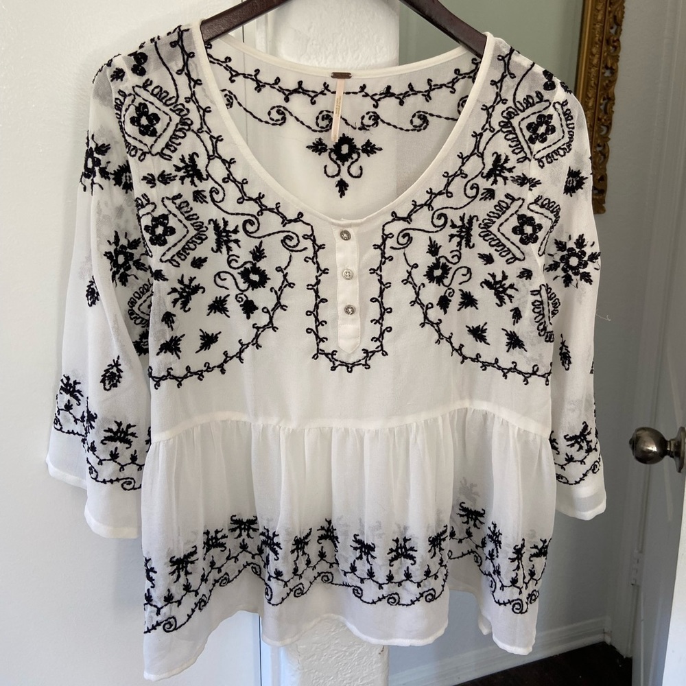Free People Embroidered White and Black Blouse Size S